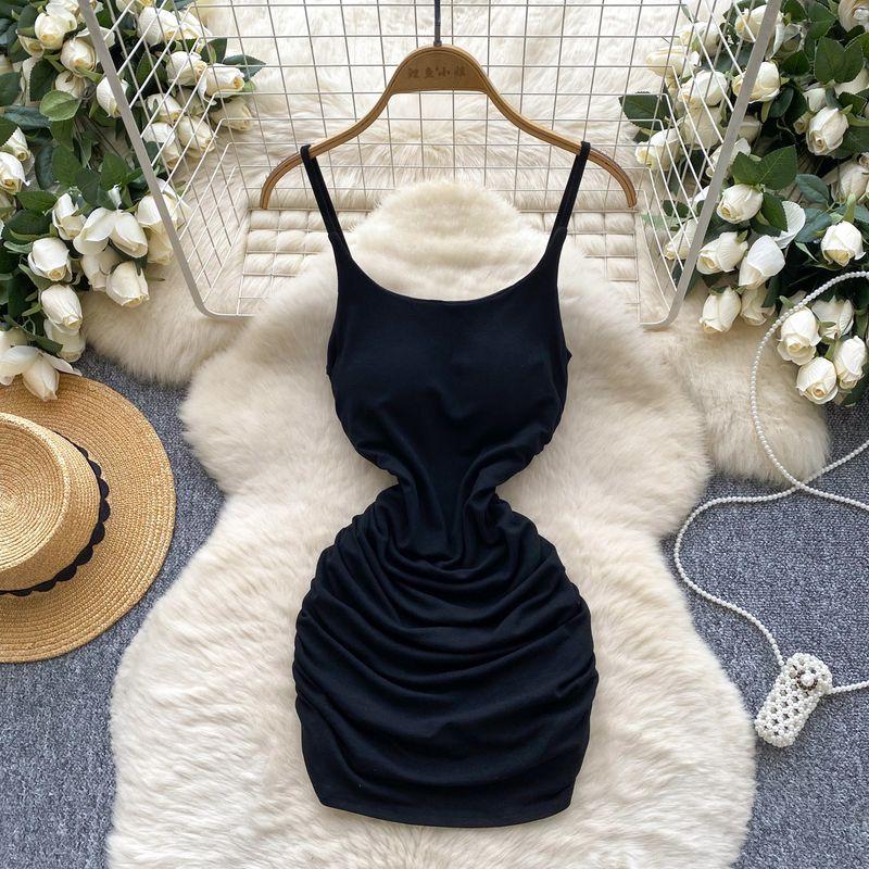 Pure Desire Style Dress Women 2025 Summer Scheming Pleat Waist Hugging Slim fit Sling Sheath Short dress Sexy Base Skirt