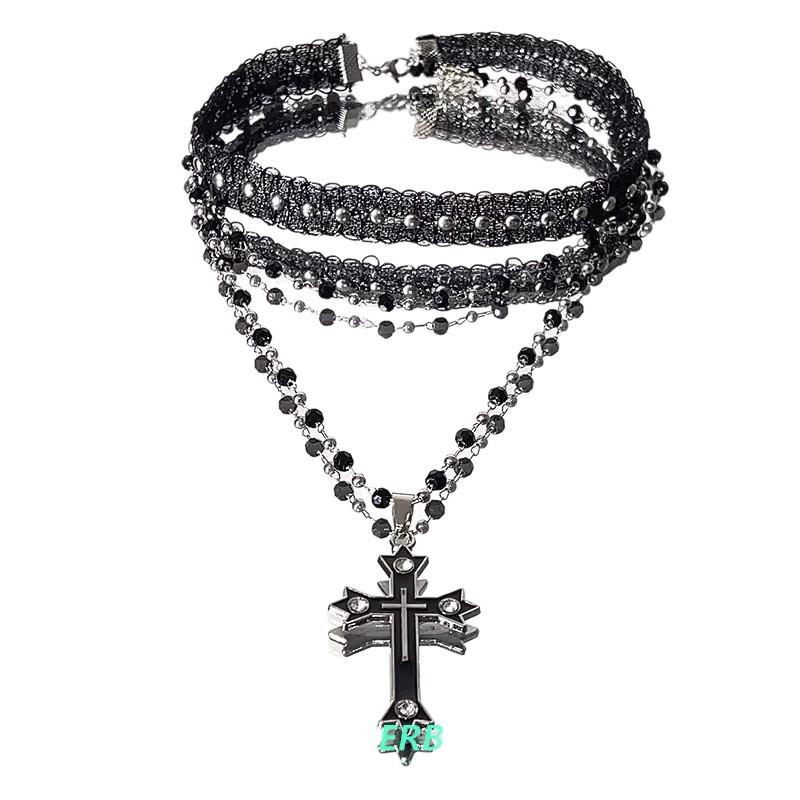 Long Layered Punk Cross Pendant Necklace Women Y2K Gothic Chic Beaded Chain Alloy Charm On Resin 31-40cm Adjustable