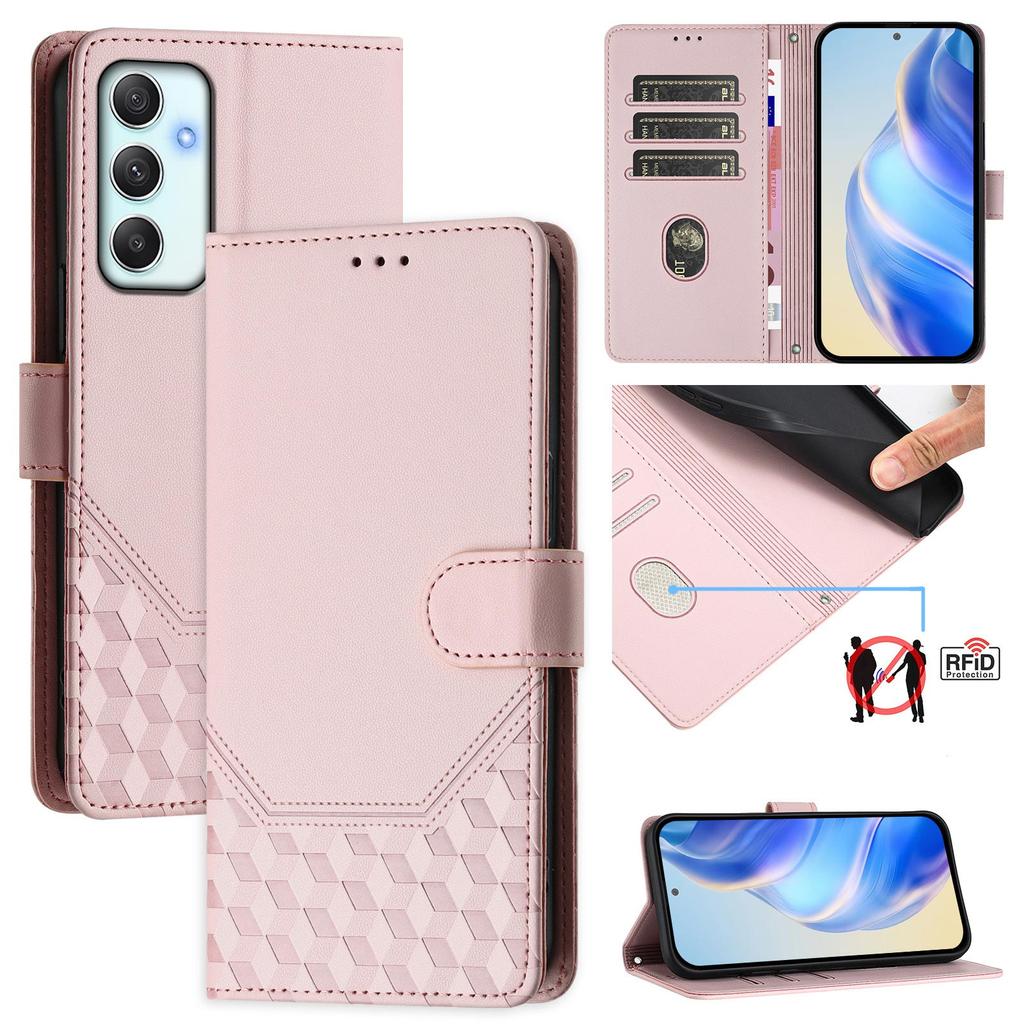 For Samsung Galaxy A35 5G Case Imprinted Honeycomb RFID Blocking Leather Phone Cover with Strap