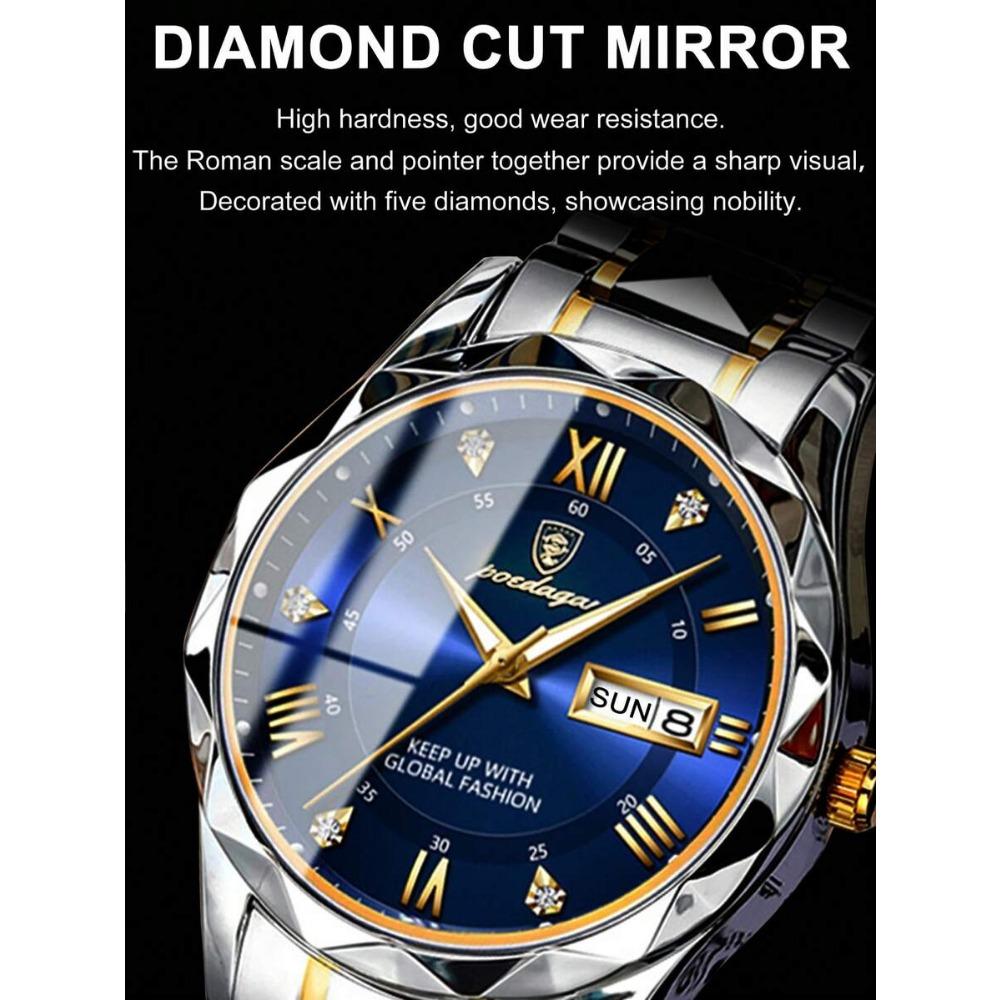 POEDAGAR Business Men's Stainless Steel Dual Calendar Quartz Watch, Casual Waterproof Luminous Men's Watch, Men's Gift