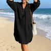 Women Summer Boho Cotton Linen Dress Casual Beach Vacation Sundress Long Sleeve V Neck Loose Dress