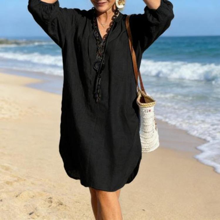 Women Summer Boho Cotton Linen Dress Casual Beach Vacation Sundress Long Sleeve V Neck Loose Dress
