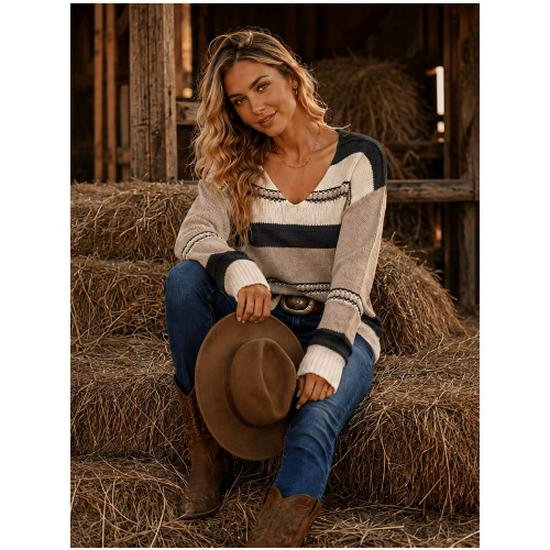 Women's Spring Autumn Color Block V-Neck Pullover Knitwear Sweater - Comfortable for Daily Commute