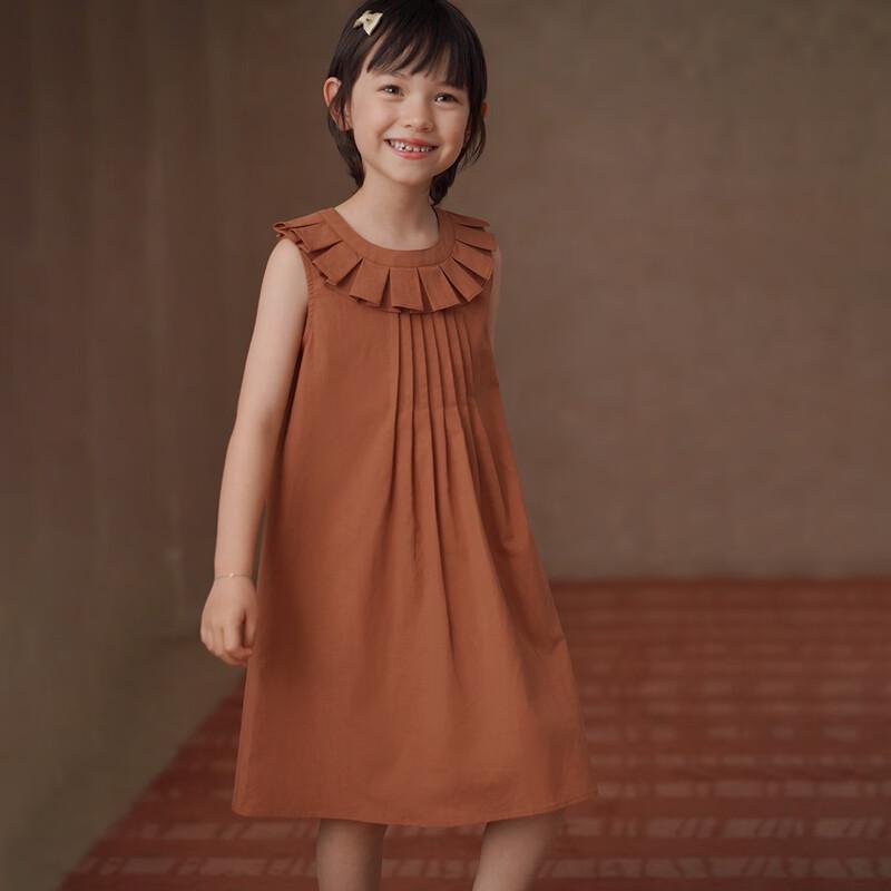 Hacikis Girls  Summer Orange Red Sleeveless Cotton Linen Midi Dress 130
