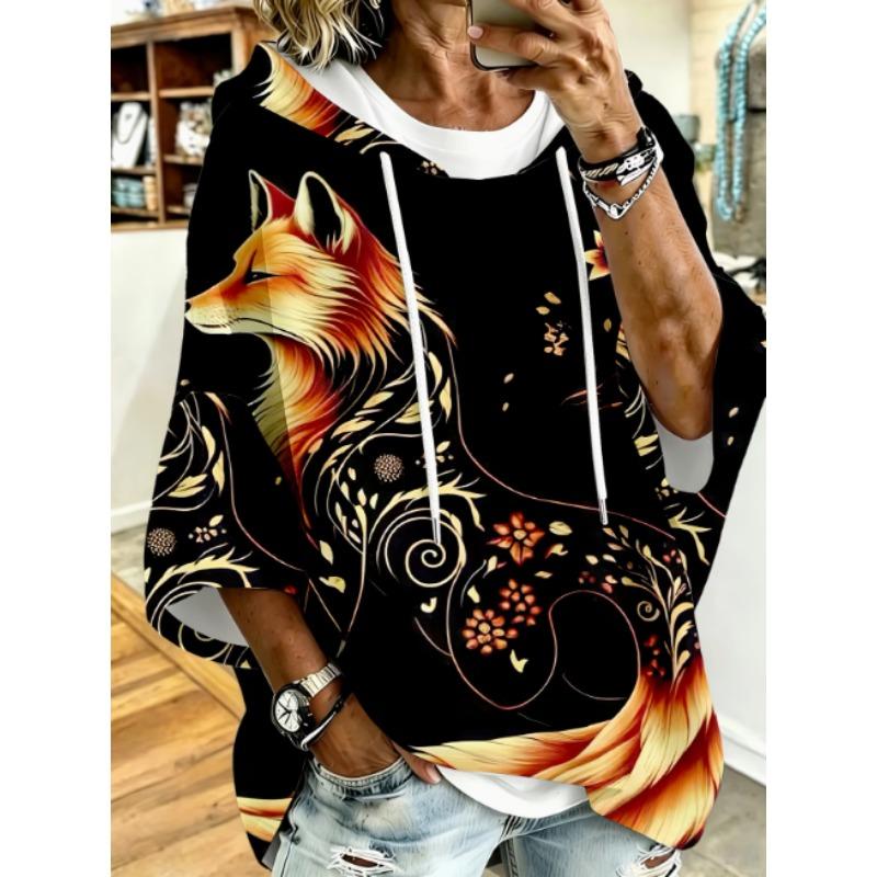 Plus size women's hooded top, black retro moon star print, loose dropped sleeves, hoodie