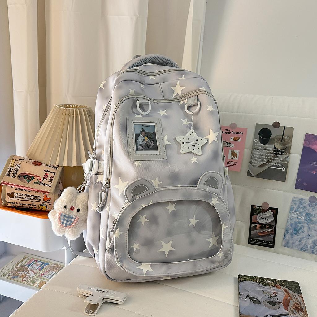 Schoolbag Korean version ins High value sweet pentagram transparent ears backpack for junior high school students large capacity class backpack
