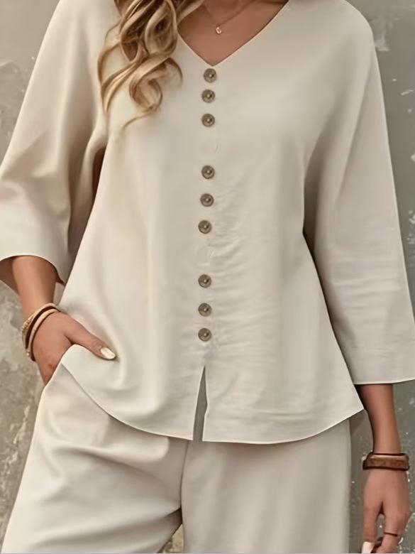 2025 Elegant Solid Color Top and Pants Set with Button Details