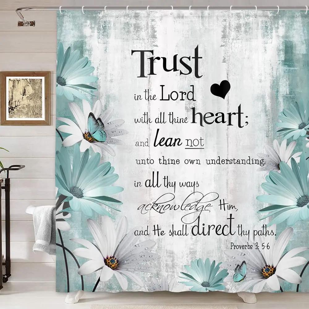 Inspirational Quote Shower Curtain Bible Verse Motivational Quote Bath Curtain Ink Paint Pink Teal Marble Abstract Bathtub Decor