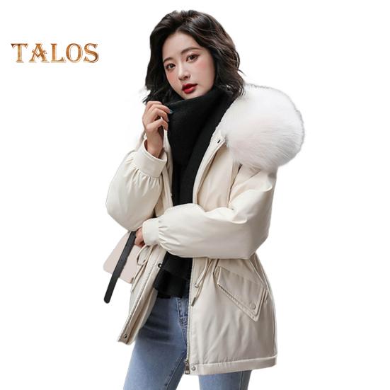 Women Padded Jacket Thickened Plush Lined Coat with Drawstring Waist Winter Warm Puffer Jacket with Faux Fur Hood for Work Streetwear