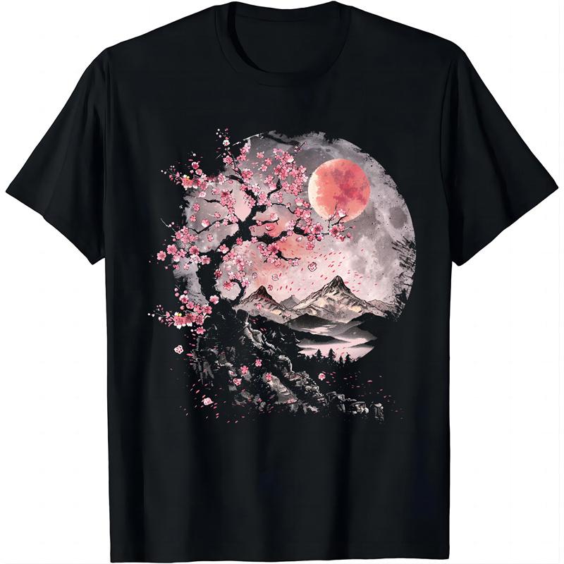 Peach Blossom Pattern TShirt For Unisex Mountain Moon 3D Printed Tees Summer Casual Loose Short Sleeve ONeck Tops Unisex T Shirts