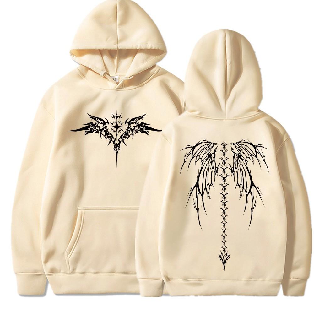 Cool Y2k wing front and back printed hoodie for men and women with long sleeves and plush, fashionable street style hoodie