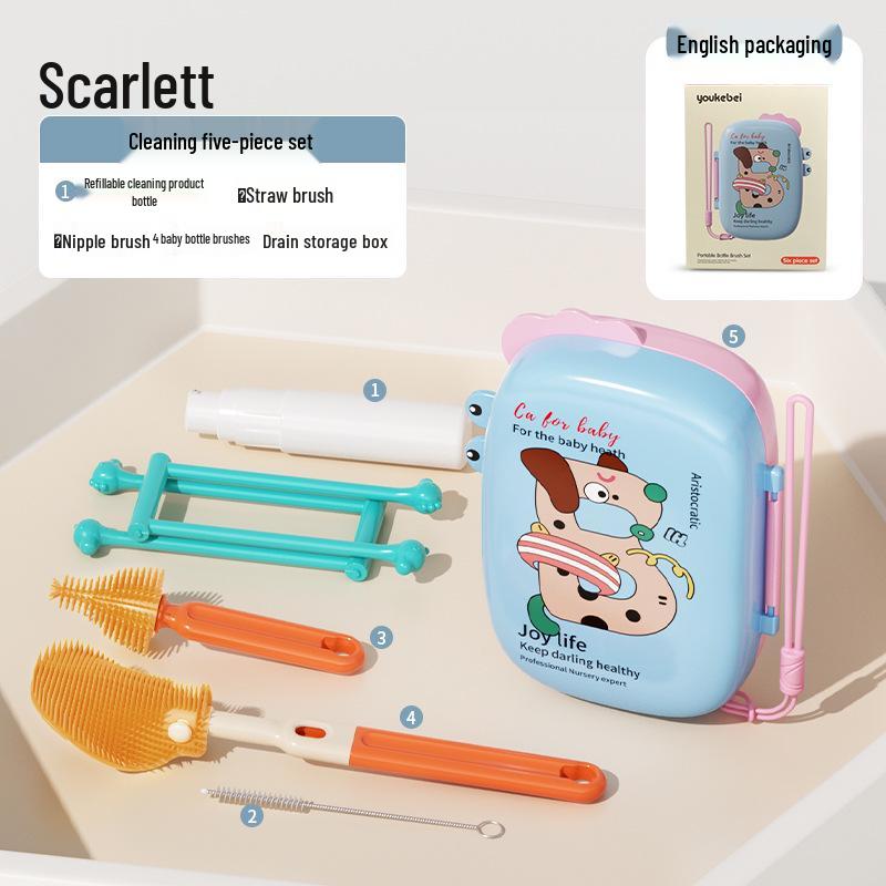 Portable Baby Bottle & Nipple Cleaning Brush Set with Drain Rack and Storage Box