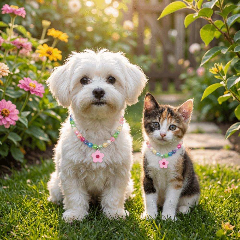 Adjustable Beaded Cat Necklace Flower Pendant Dog Cat Pet Collar Pet Costume Accessories