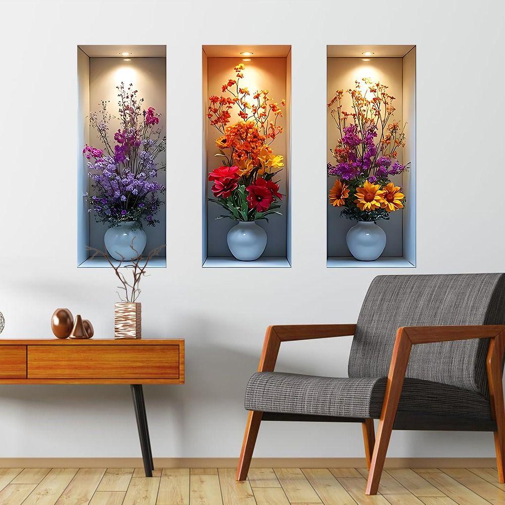 3Pcs Waterproof Flower Wall Sticker Plant Wall Sticker for Office Living Room Study Cabinet