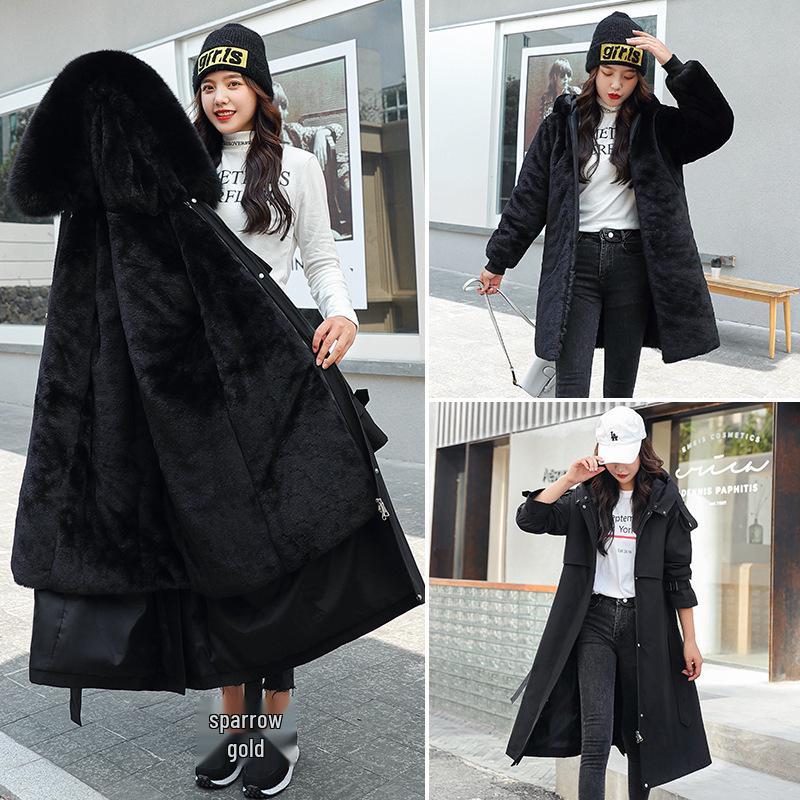 Women's Korean Style 3-in-1 Reversible Long Cotton Parka with Removable Liner and Slimming Waist