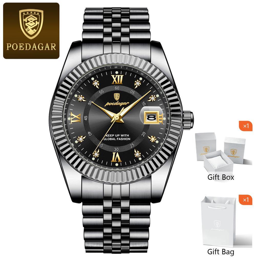 POEDAGAR Luxury Fashion Men Wristwatch Date Waterproof Luminous Man Watch Stainless Steel Business Quartz Men's Watches Gift+Box