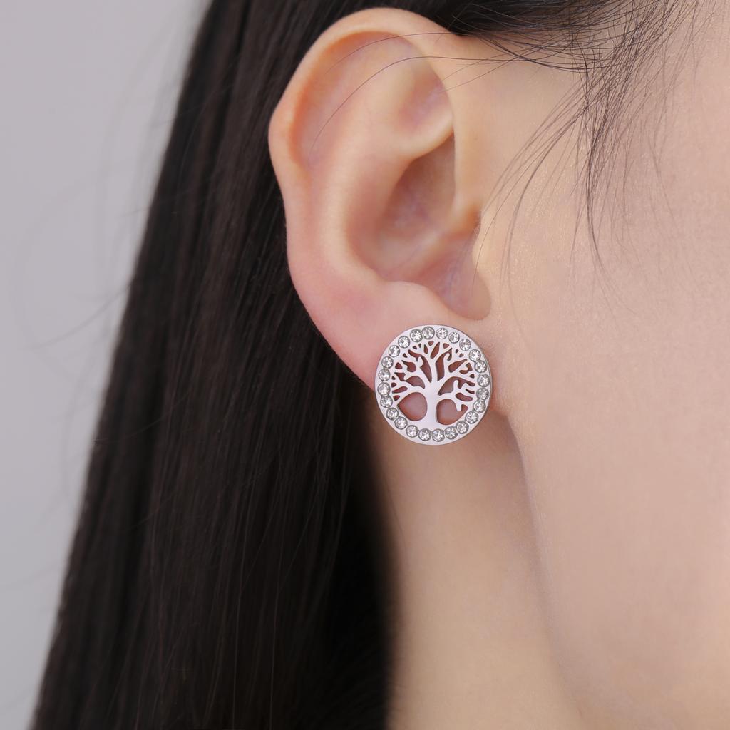 Tree of Life Clear Zircon Round Stud Earring Stainless Steel Gold Color Ear Stud Vintage Amulet Jewelry Valentine Gift