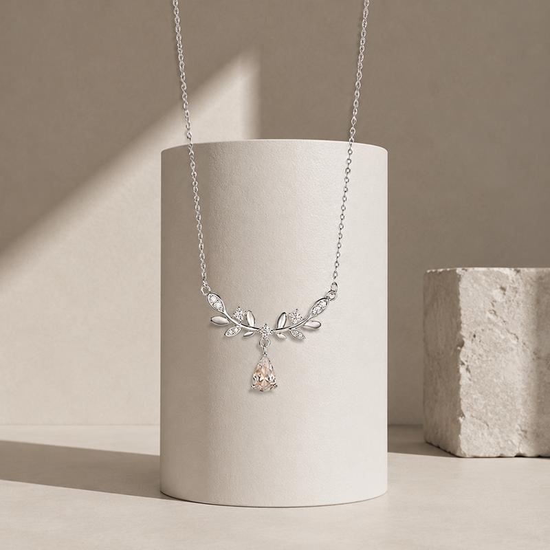 Olive Branch Teardrop Crystal Pendant Silver Plated Leaf Vine Choker Dainty CZ Jewelry Gift for Women Delicate Chain Necklaces for Party Anniversary