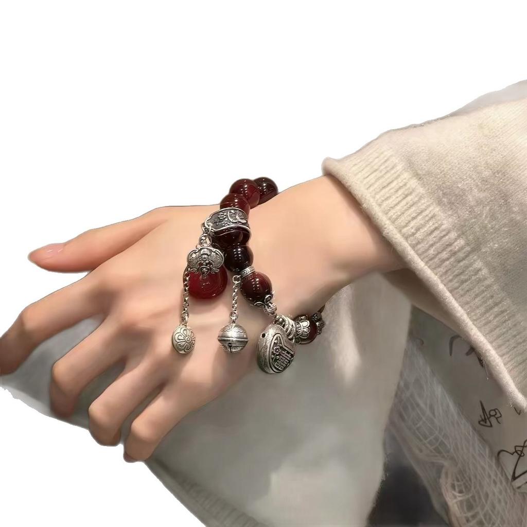 New Chinese Style Round Bead Safety Buckle Elastic Bracelet, Guochao Ethnic Double Happiness Lock Fringed Bracelet Versatile Multi-jewelry Bracelet