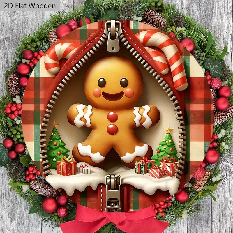 Christmas Wooden Sign with Adorable Gingerbread Man Pattern - Navidad Round Sign for Front Door, Wall Hanging Decor - Ideal Christmas Decoration