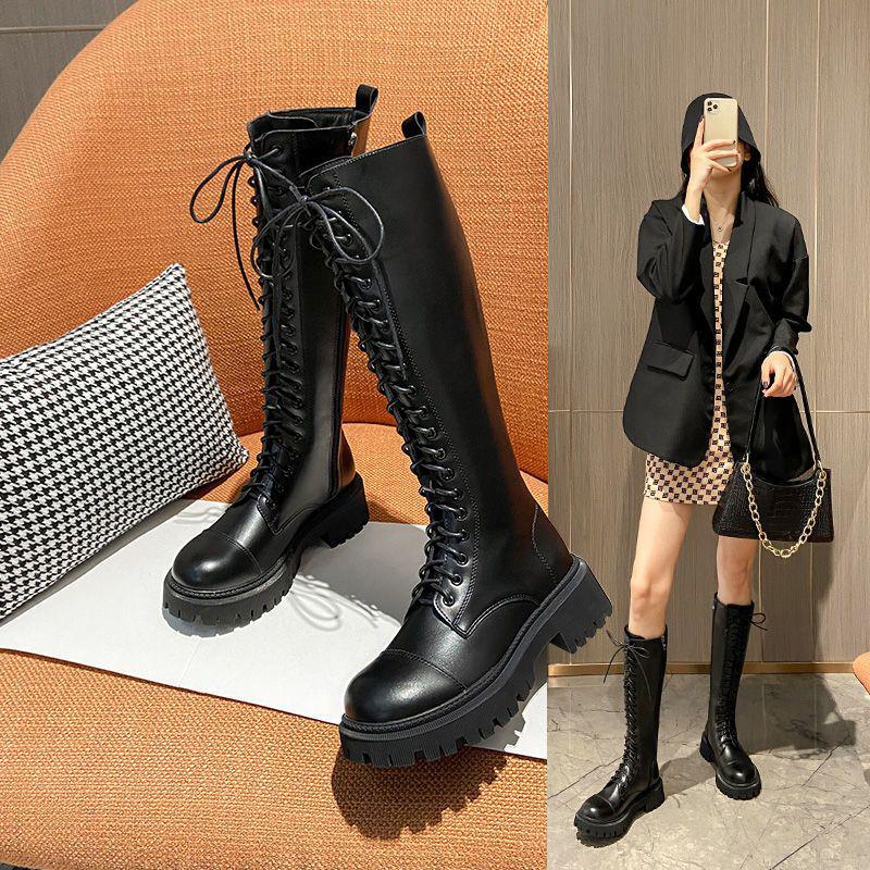 

2025 Жіночі Британського стилю Довгі ботфорти на товстій підошві з великим пальцем і дизайном шнурівки до коліна. Size 40