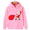 Cartoon Santa kids hooded sweatshirt, ice skating Santa with gift bag illustration, soft comfy texture, ideal for Christmas gifts and daily wear.