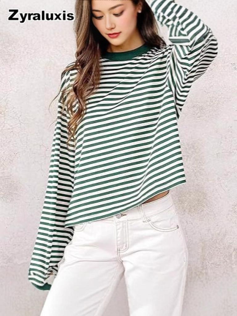 Herbst Faul Entspannte Passform Lässig Vintage Farbblock Gestreift Langarm T-Shirt Top
