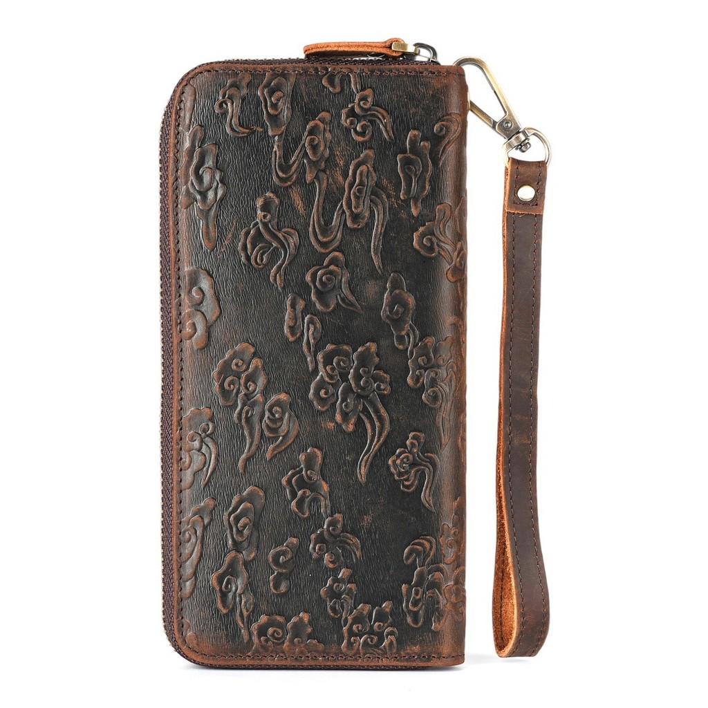 New Men's Genuine Cowhide Clutch Wallet Vintage Embossed Multi-Card Slots Wrist Strap Ready Stock Luxury Long Wallet