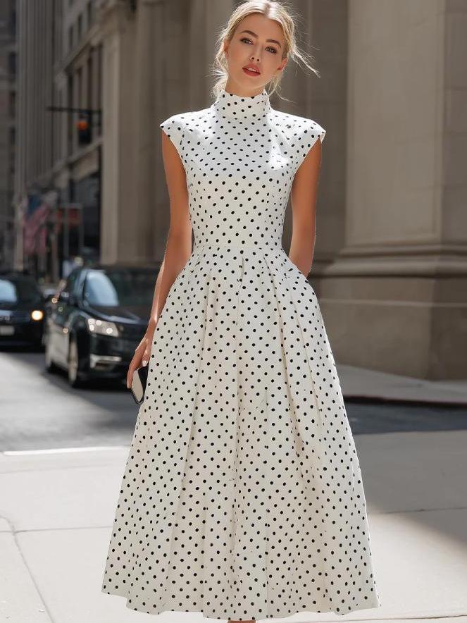 Elegante Vestito Senza Maniche a Pois Scollato con Cintura in Vita per la Primavera 2026, Stile Europeo e Americano.