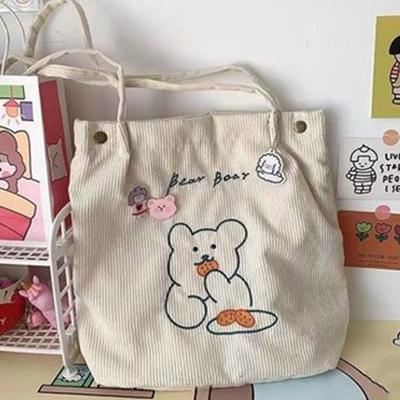 Women Corduroy Shoulder Bag Bears Embroidery Striped Canvas Handbag Eco Cloth Tote Cute Soft Shopping Bags For Ladies Animal Bag