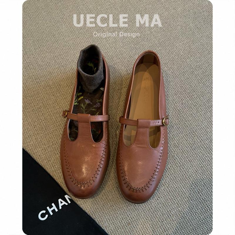 Sheepskin~ Single Shoes Women's Shallow Mouth Flat Bottom Versatile Hollow T-band with Skirt Retro Mary Jane Shoes