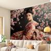 Geisha Woman Cherry Blossom Tapestry Japanese Kimono Art Spring Flowers Wall Hanging Eastern Decor Living Room Print