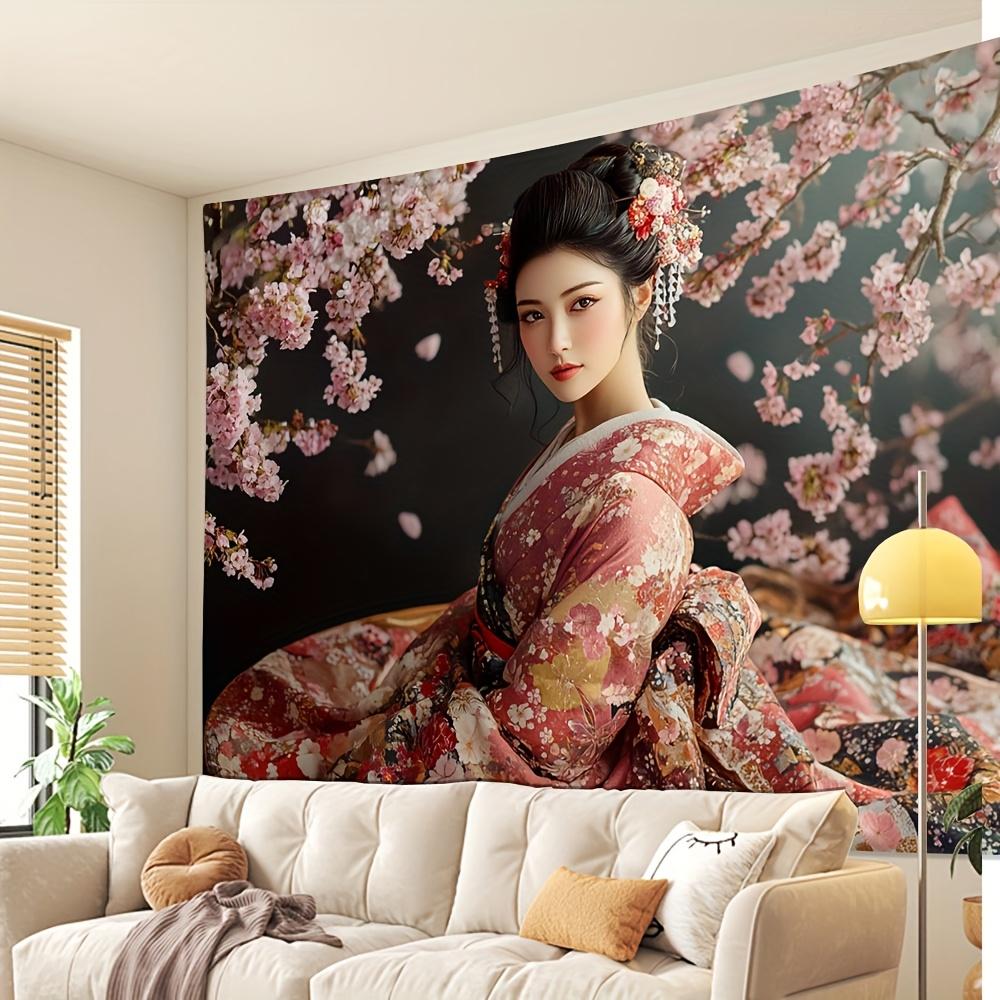 Geisha Woman Cherry Blossom Tapestry Japanese Kimono Art Spring Flowers Wall Hanging Eastern Decor Living Room Print