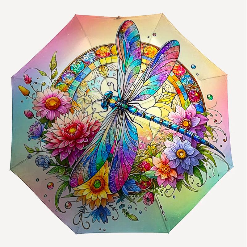 1PC Dragonfly FlowersAutomatic Open/Close Umbrella with Windproof, 8-Rib Sturdy Canopy, Durable Ribs, Fashionable Design, Outdoor Accessory, Fun Prin,
