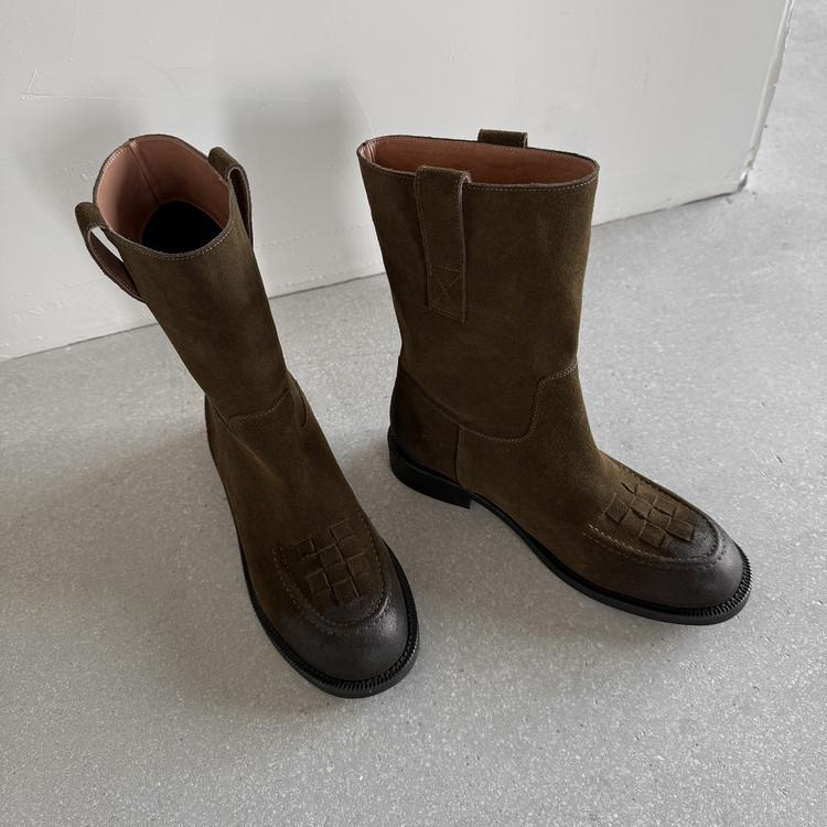 

2025 Европейские и американские новые модные кожаные старого цвета с круглым носком на низком каблуке ковбойские сапоги рыцарские сапоги женские сапоги 39 армия зеленый