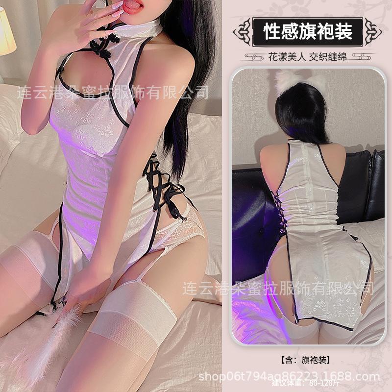 Domila Sex Underwear Embossed Gold Velvet Strap Split Fork Hollow Cheongsam Uniform Temptation Passion Set F037