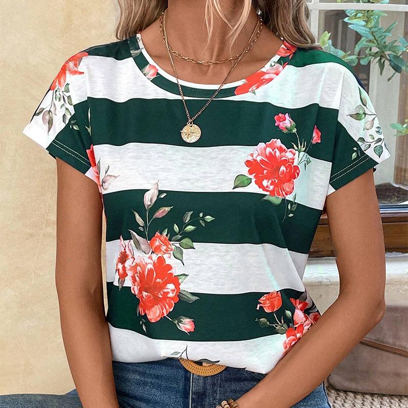 

Модная женская креативная цветочная полосатая футболка с цветными блоками и принтом, забавная повседневная футболка с круглым вырезом и короткими рукавами, летняя женская футболка 8XL темно-зеленого