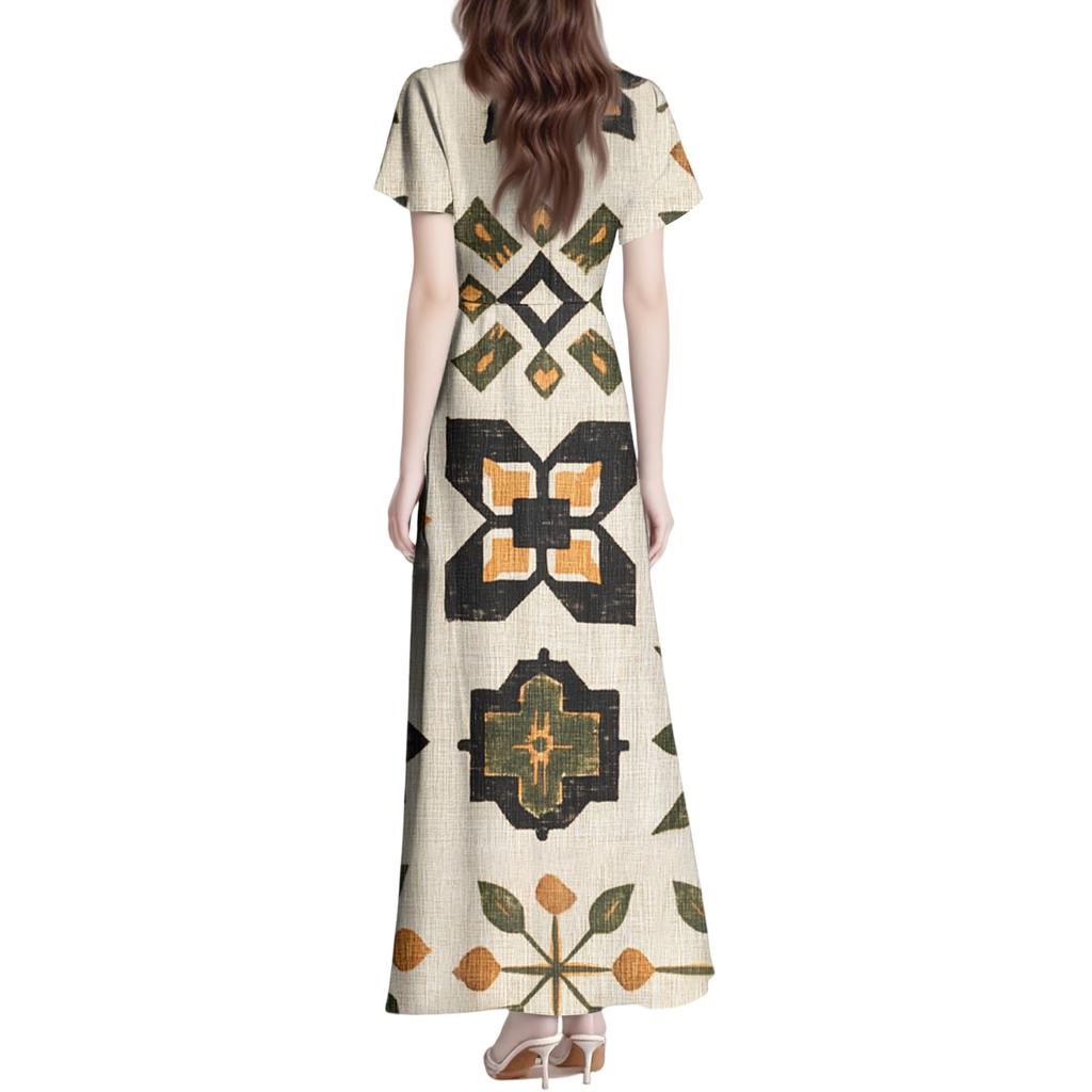 Women's Summer Casual Fashion Bohemian Printed Dress V Neck Short Sleeve Dress