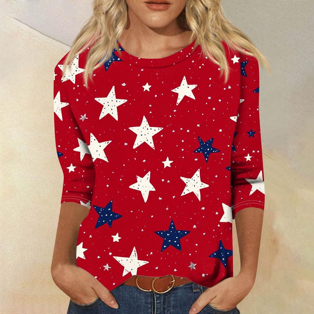 Dames Mode Casual Zeven Mouwen Onafhankelijkheidsdag Bedrukt Rond Hals T-shirt Top