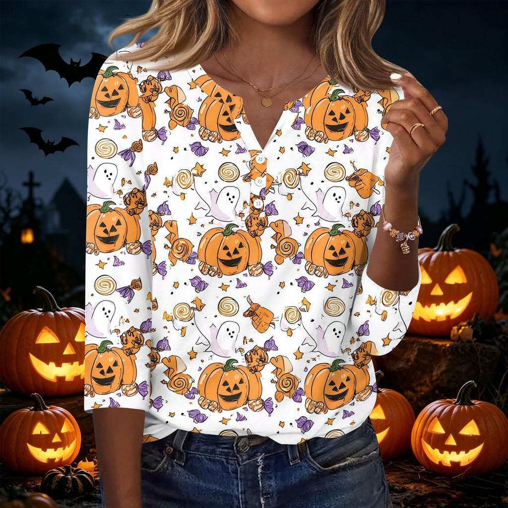 Women's Casual Halloween Print V Neck Button Three Quarter Sleeve T Shirt Top Lightweight Comfortable Fit Seasonal Graphic Tee