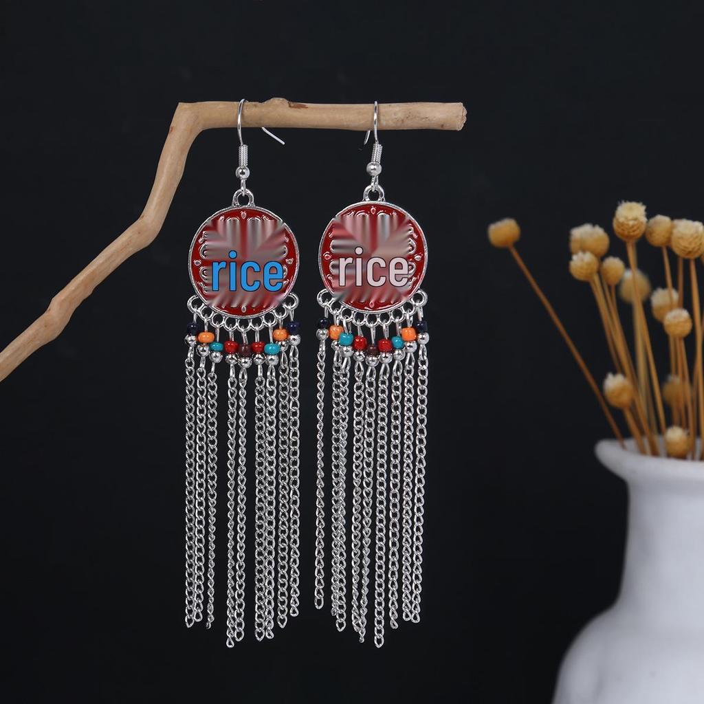 Bohemian Ethnic Oval Tassel Earrings with Beads