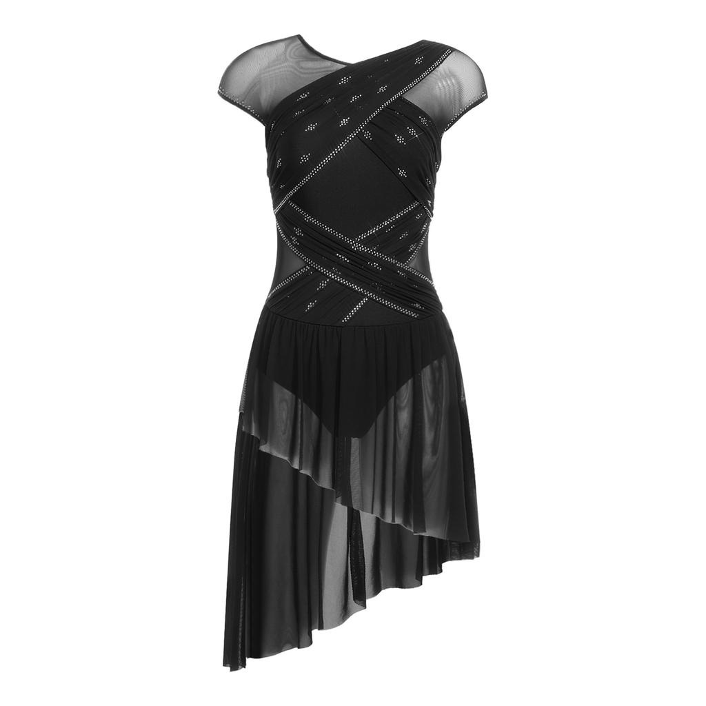 Dames Kunstschaats Leotard Jurk Gerimpelde Mesh Overlay Strass Onregelmatige Zoom Openbare Kruis Bodysuit