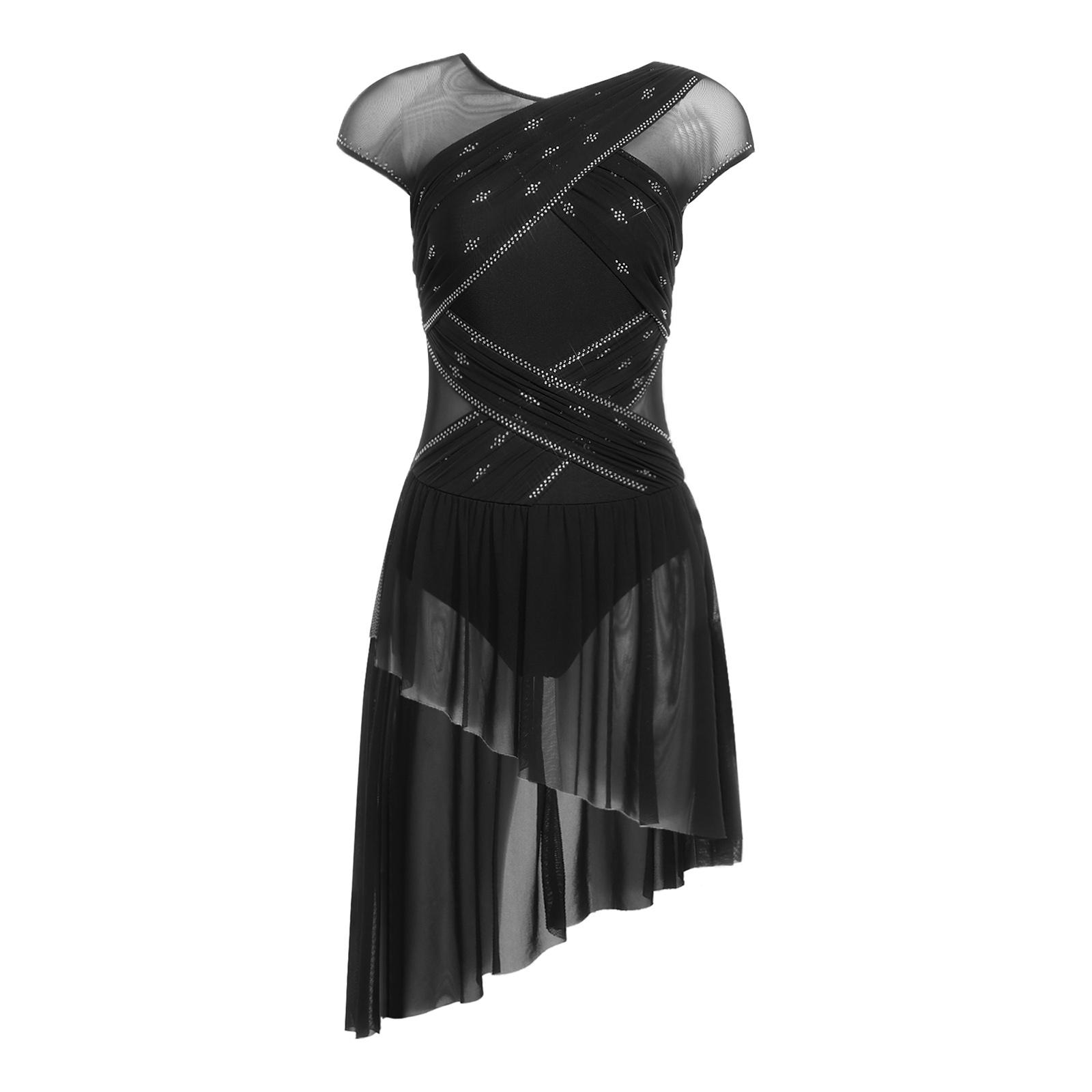 

Жіночий леотард-сукня для фігурного катання Зібрана сітчаста накидка Стрази Нерівний поділ Зручна застібка внизу XXL чорний