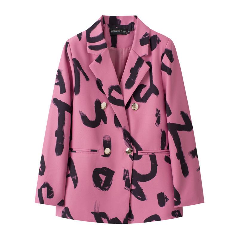 Women's Fashion Blazers Abstract Print Double-Breasted Blazer Loose Casual Long Sleeve Jackets