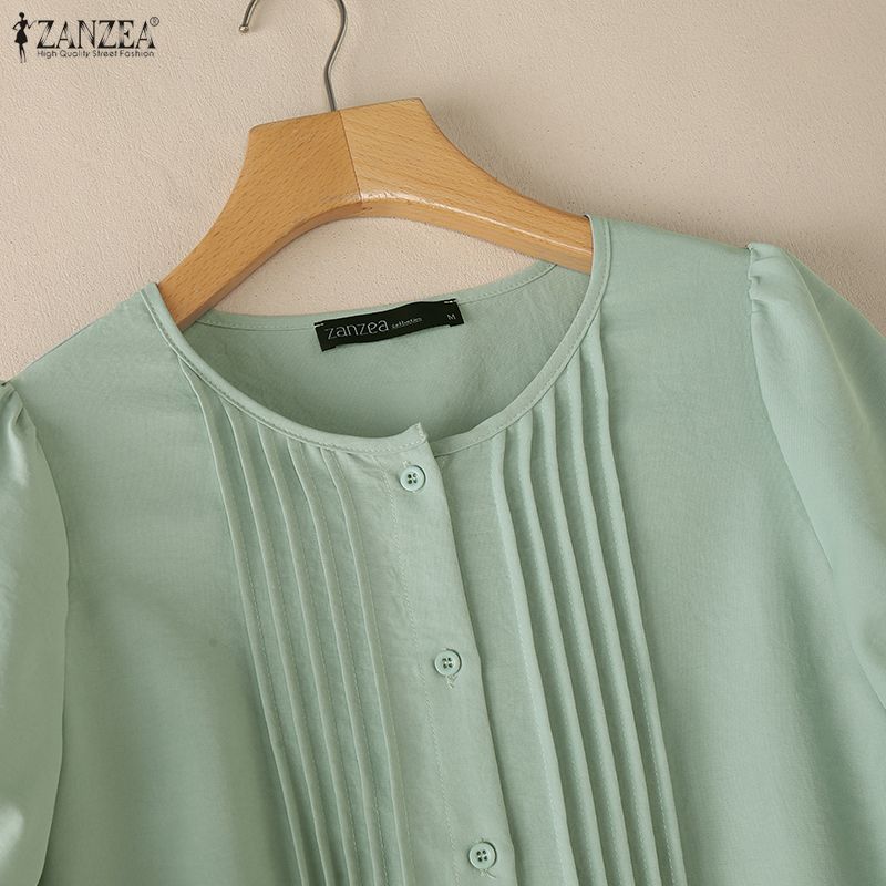 ZANZEA Women Casual Round Neck Solid Color Short Sleeve Blouse