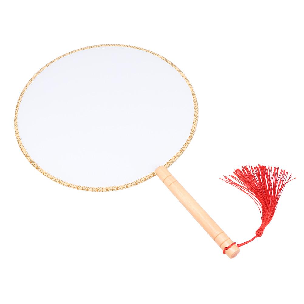 Classical Wooden Handle Round Silk Classical Fan Tassel Handle Fan Gift Decoration(Round Wooden Handle White Silk Cloth