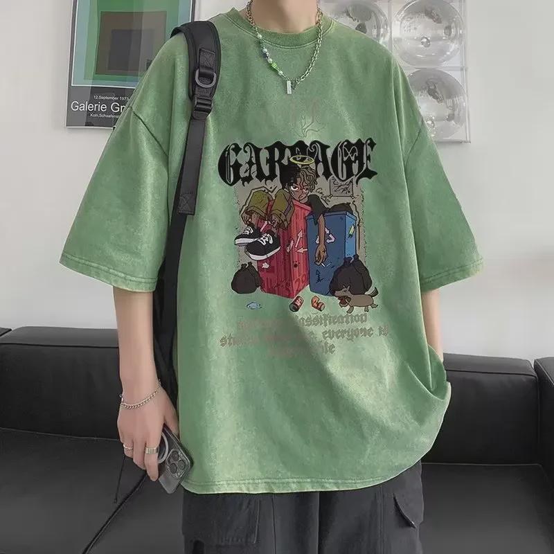European & American High Street Retro Washed Hip-Hop T-Shirt - Men’s Summer West Coast Cotton Heavyweight Short Sleeve