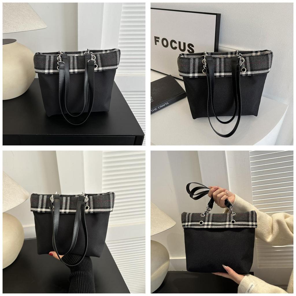 Korean Plaid Fabric Bucket Bag Women's Bag 2024 Winter New Texture Fashion Simple Shoulder Bag