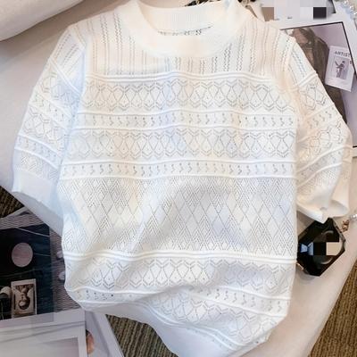 Summer Thin Hollow Out Crew Neck Pullover Sweater Versatile Short Sleeve Knitted Top for Spring & Women's Clothing