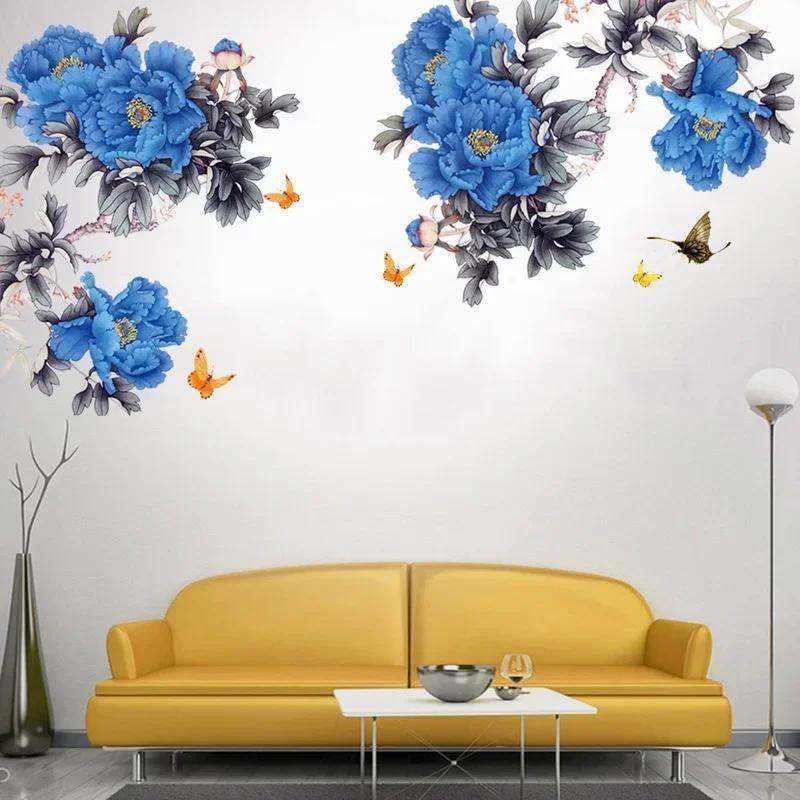 2024 New Blue Peony Flower Wall Sticker Home Decor Self-adhesive Living Room Sofa Background Decoration Stickers